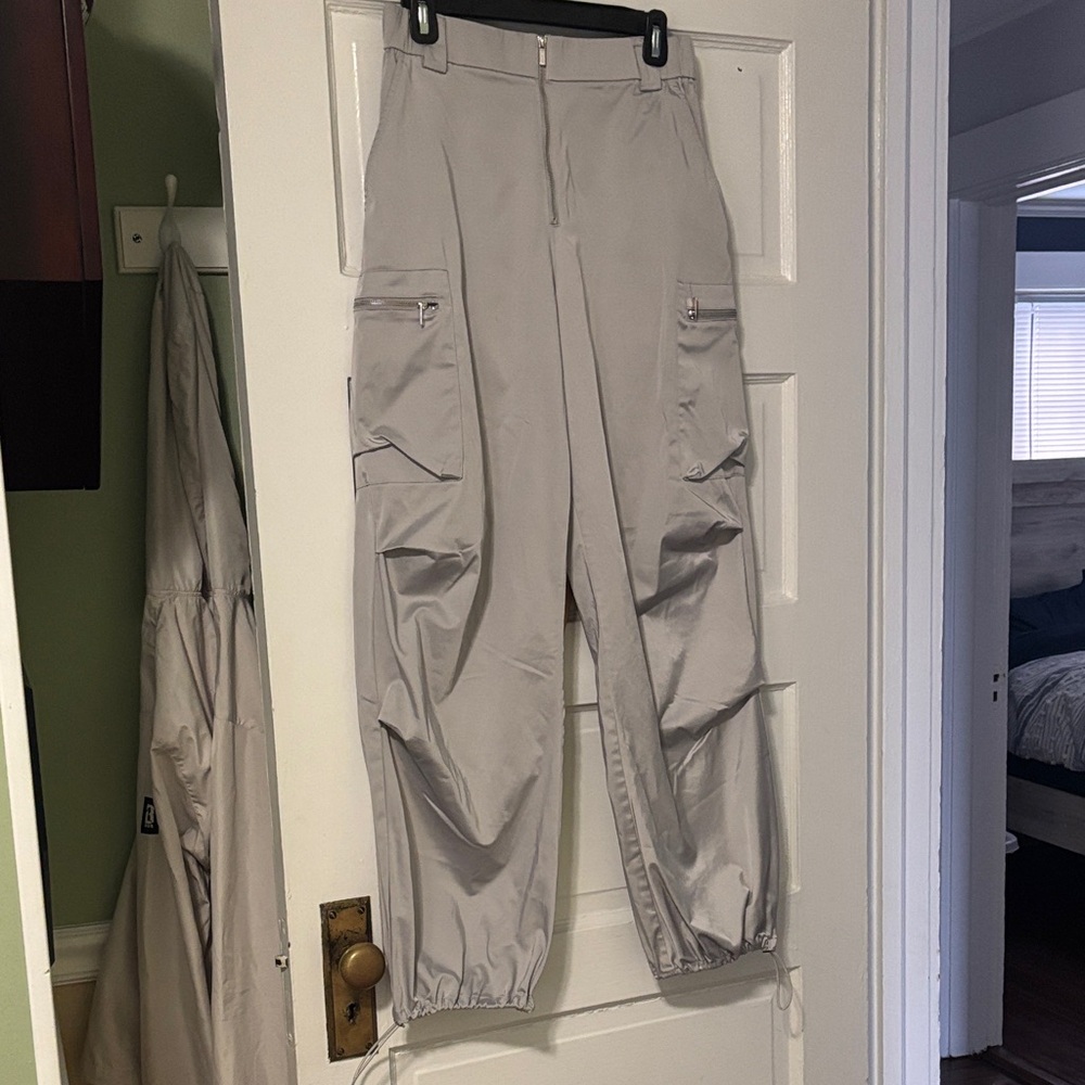 Women’s silver parachute/cargo Pants
